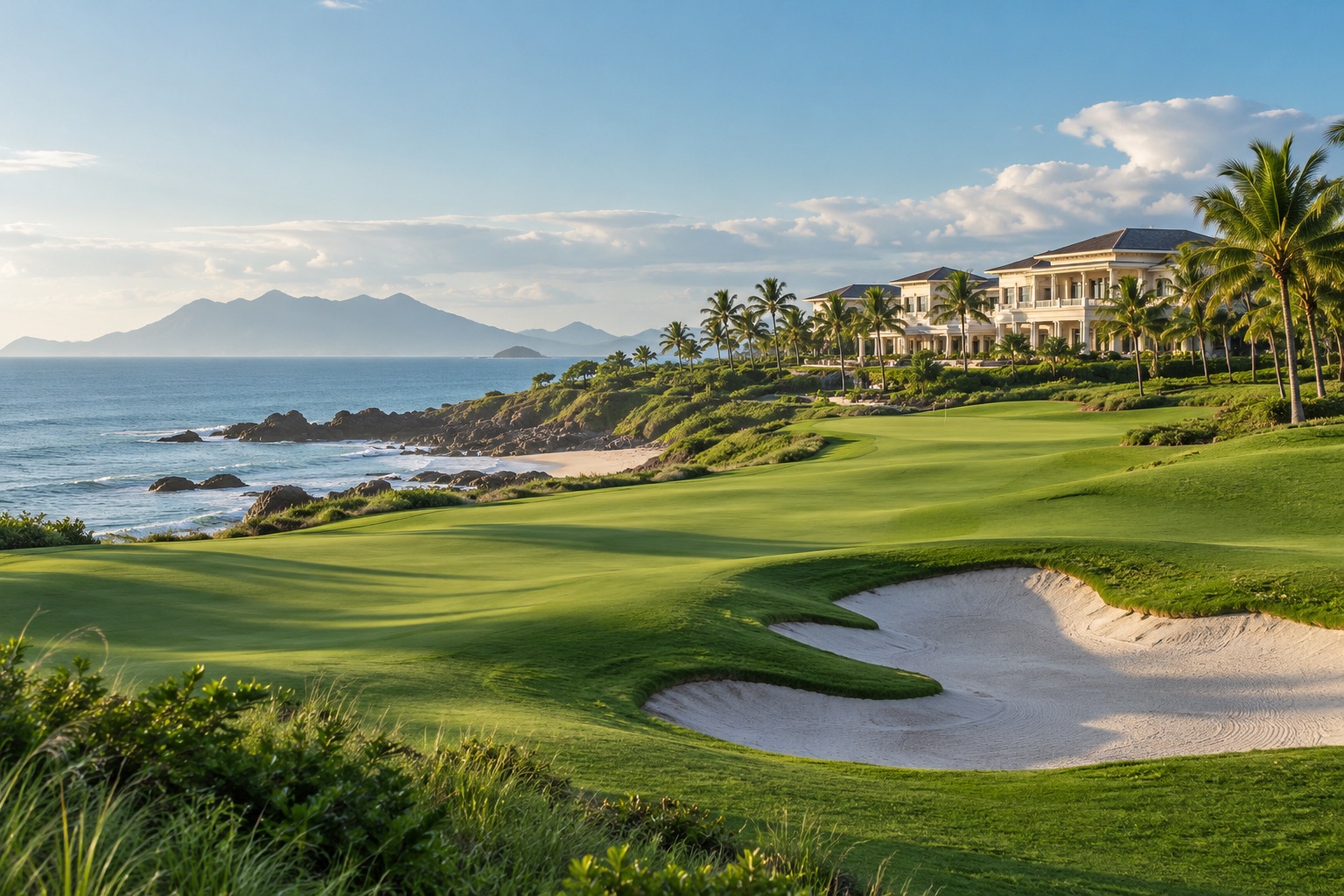 AI生成的海滨高尔夫氛围图，非会安南岸实景 / AI coastal golf illustration, not Hoiana