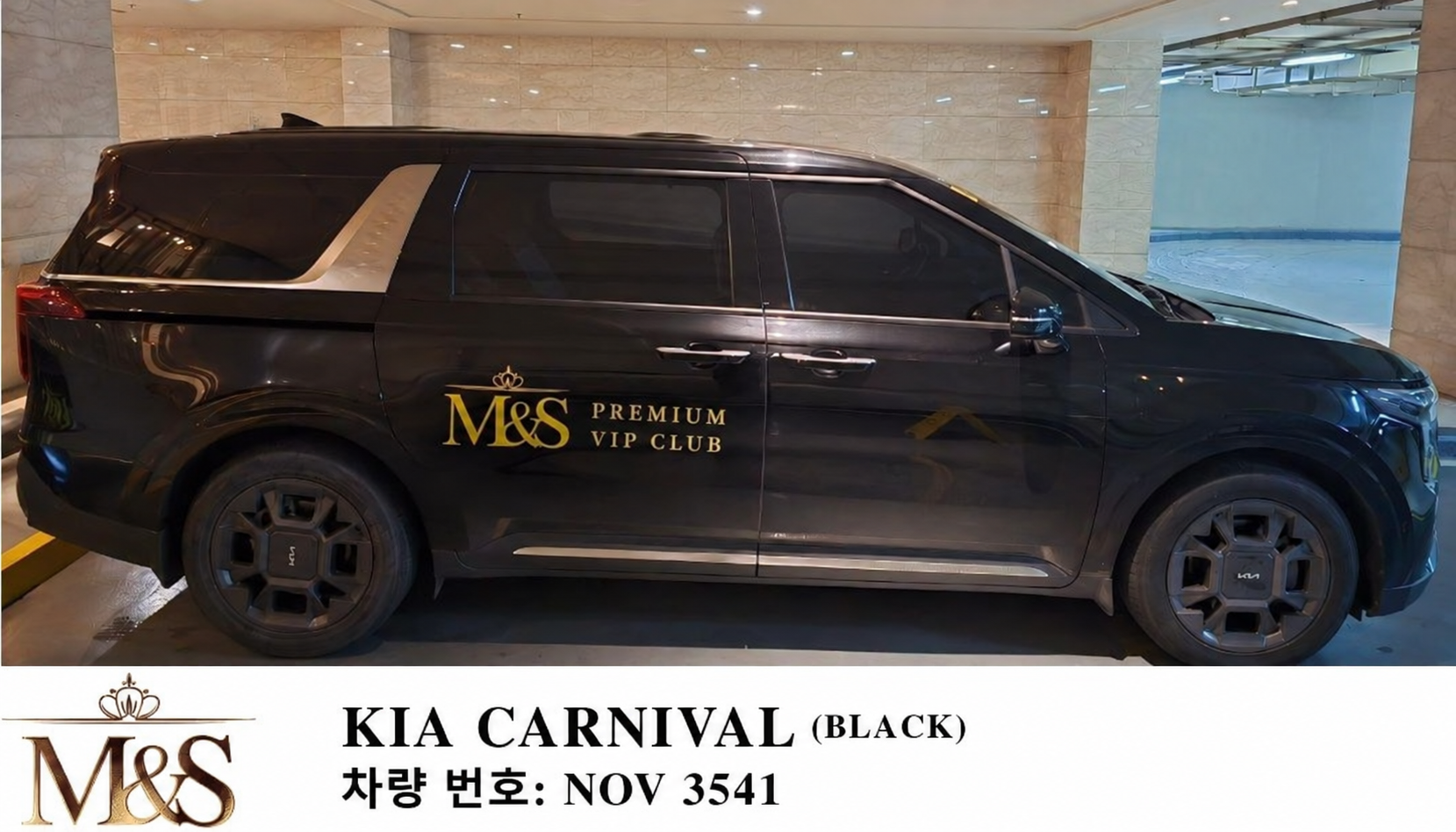 M&S 標誌的黑色 Kia Carnival 實際車輛照片,車牌 NOV 3541